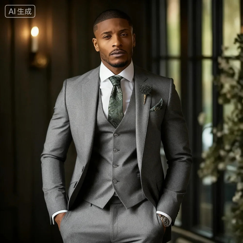 Showlu men's emerald green 3-piece slim fit formal tuxedo suit with jacket, vest, and trousers, tailored for a sharp, sophisticated look.