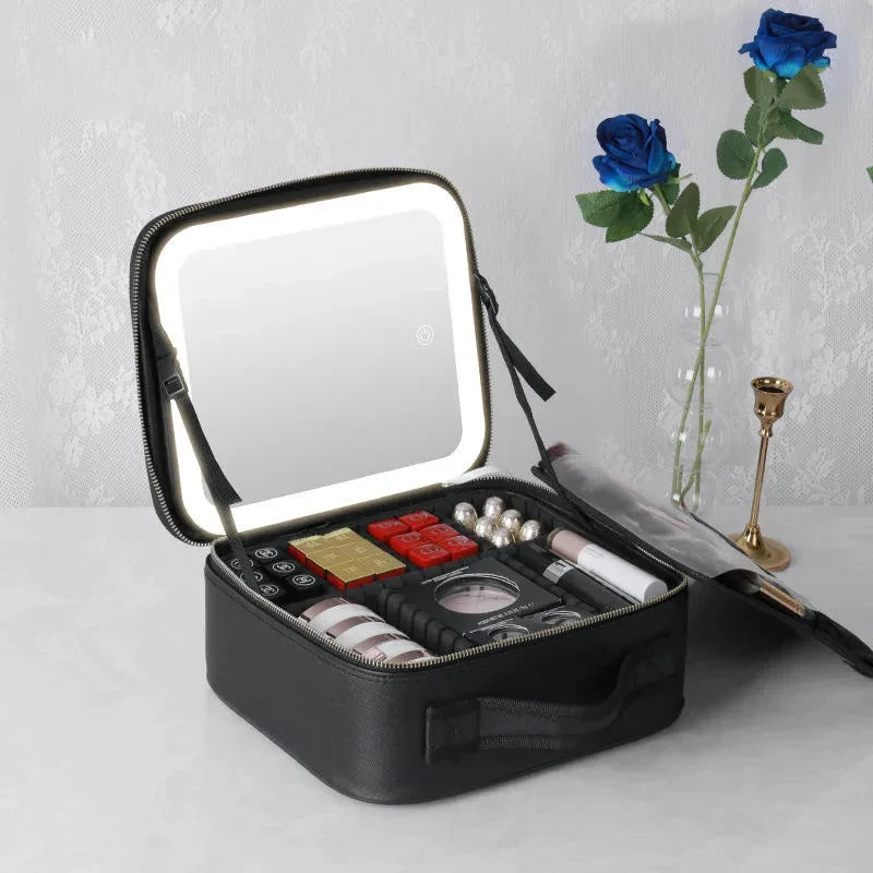 Showlu LED lighted waterproof PU leather cosmetic case with compartments for makeup and beauty tools.