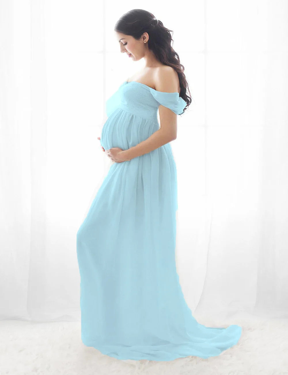 Deep V-neck lace maternity dress with tulle, long sleeves, feather accents, suitable for photoshoots, by Showlu Fashion Store.