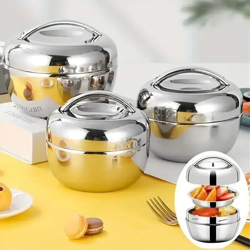 Stainless steel hot food flask with vacuum insulation, double-layer design, and portable bento lunch box for travel and meals.