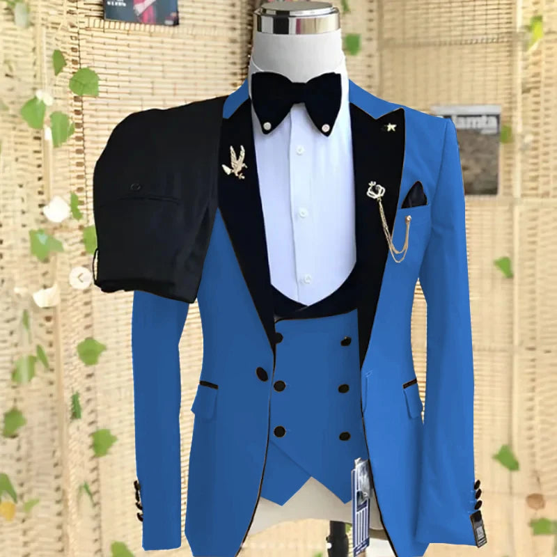 Beige three-piece men's formal suit with peaked lapel, blazer, pants, and vest, ideal for weddings, parties, or business occasions.