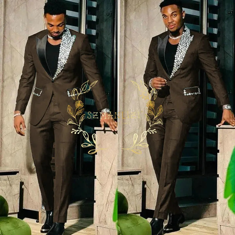 Black men's slim fit blazer and pants set with peak lapel, high-quality fabric, suitable for prom or party occasions.