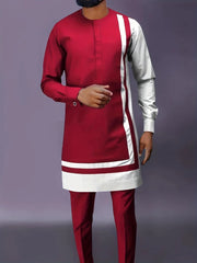 A man wearing a maroon and white long-sleeved tunic with matching trousers.