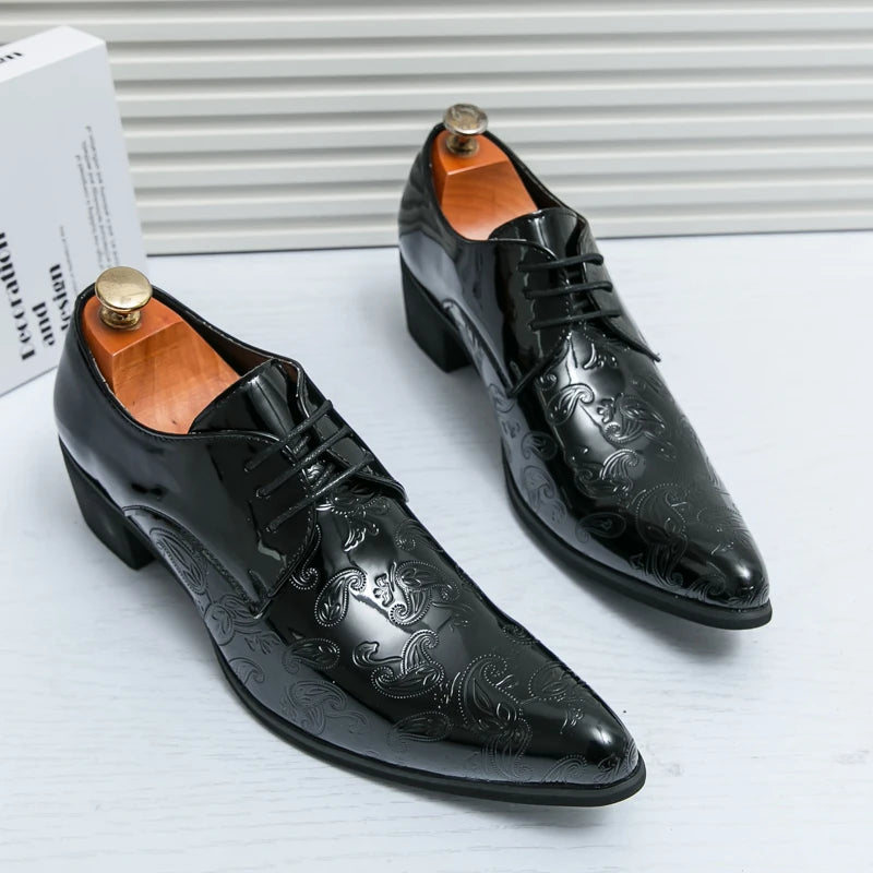 Blue and black men's pointed lace-up dress shoes with formal design, suitable for wedding, prom, and homecoming occasions.