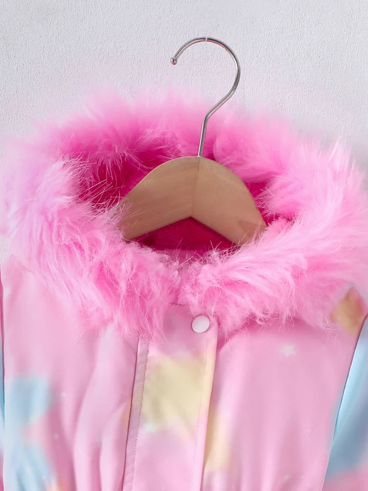 Pink unicorn winter coat for girls by Showlu Fashion, thick cotton padded jacket with cozy warmth and playful unicorn design.