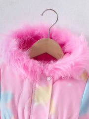 A pink hooded winter coat for girls featuring a pastel tie-dye pattern and faux fur trim.