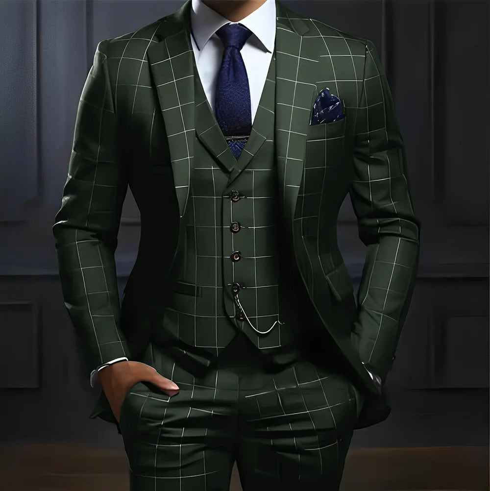 Showlu Men's 3-Piece Plaid Suit with slim fit, featuring a plaid blazer, vest, and trousers, ideal for formal weddings.
