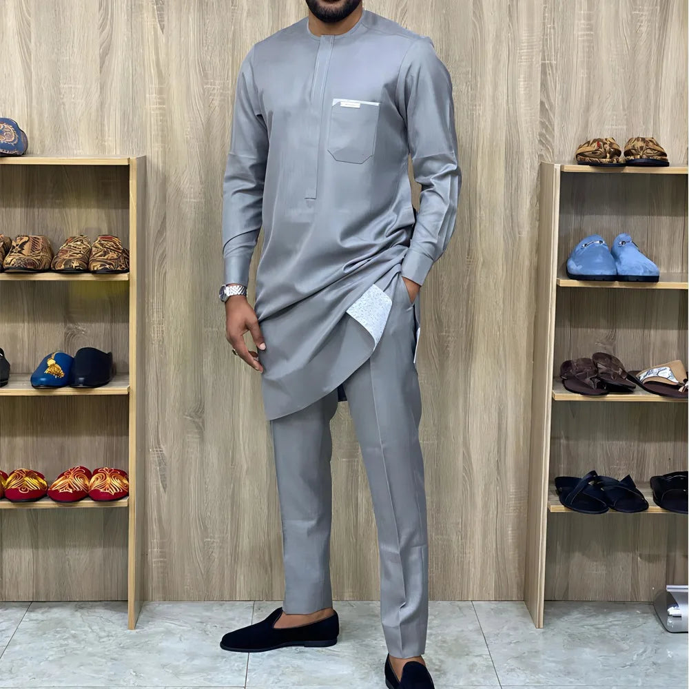 Ayrbao men's African ethnic long sleeve patchwork 2-piece set, traditional style shirt and pants in vibrant fabric.