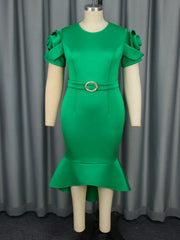 Retro Women's Slim Fit Dress Green Three-dimensional Rose Short Sleeved Slim Fit Mid Waist Professional Business Midi Dresses