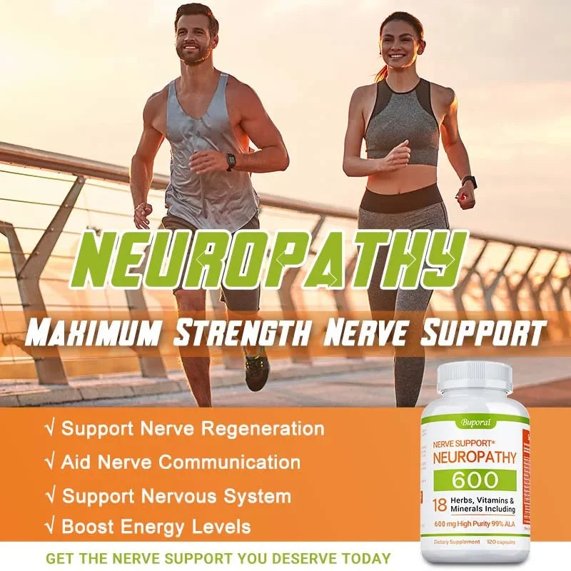 Neuropathy support supplement in capsule form, 600mg, with antioxidants to promote nerve health, energy, metabolism, and anti-aging.