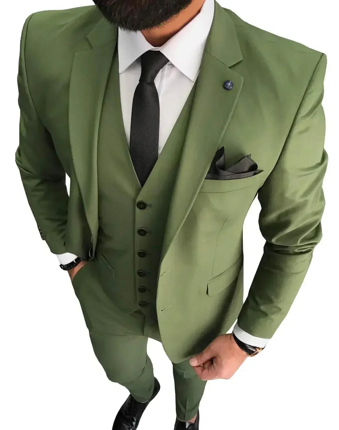 Men's olive green 3-piece slim fit suit with notch lapel tuxedo, featuring tailored jacket, vest, and matching trousers.