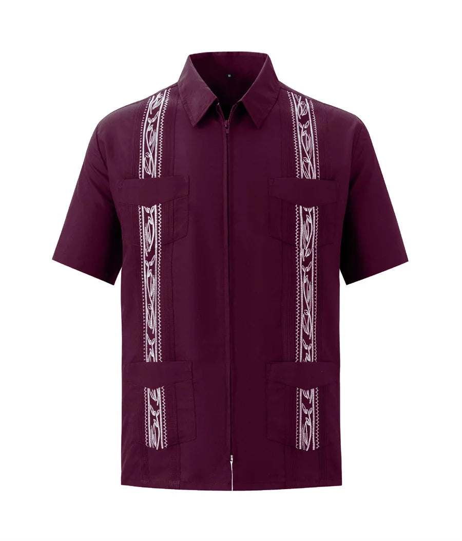 Fashion Zipper Men's Guayabera Shirts Four Pocket Embroidered Traditional Short Sleeve Shirts for Men Mexican Cuban Shirts