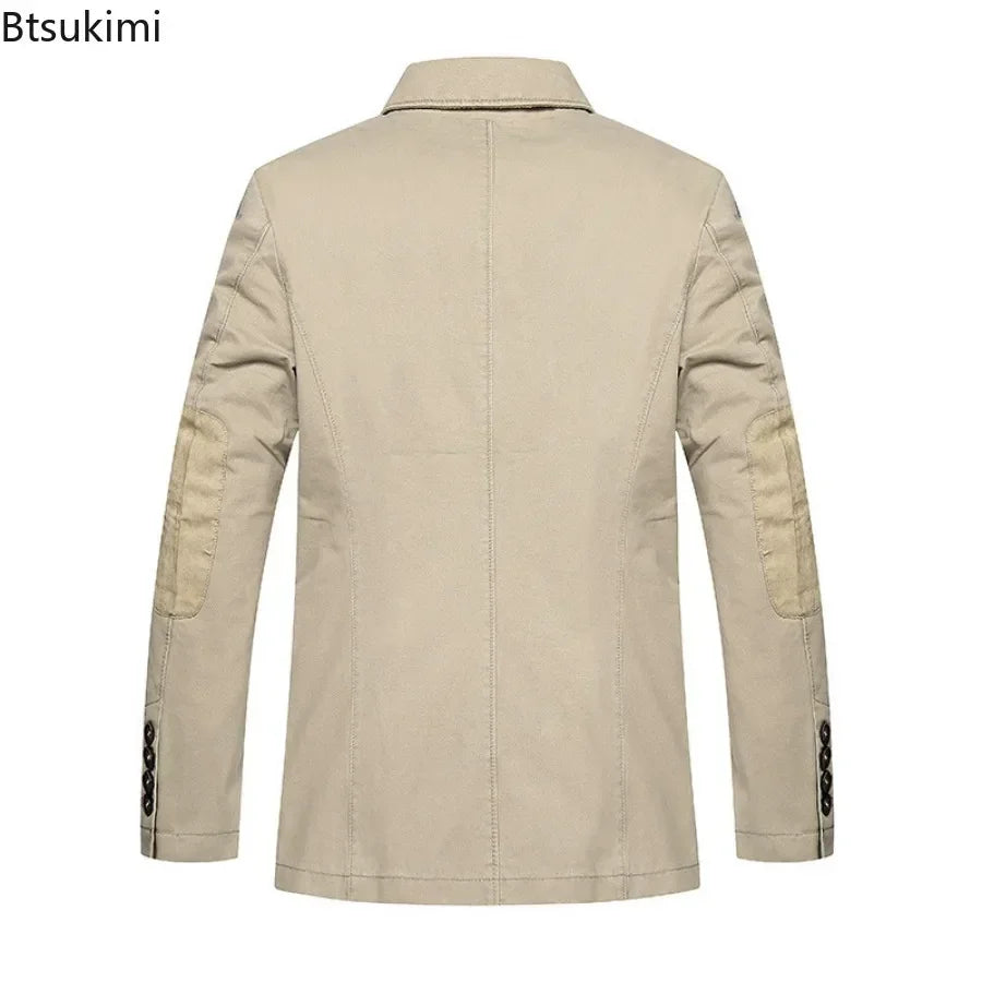 Men's plus size cotton blazer jacket featuring a slim fit, solid color, streetwear style, suitable for business casual or trendsetting looks.