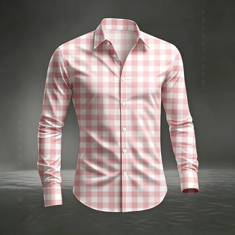 2026 Men's New Classic Plaid Shirt with Plaid Printing, Slim Fit Collar Long Sleeve Shirt, Men's Top, Comfortable Fabric XS-6XL
