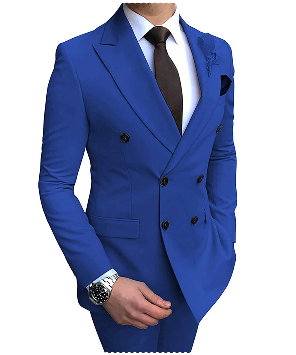 Beige men's 2024 suit by Showlu Fashion, double-breasted blazer and slim-fit pants, suitable for wedding or casual occasions