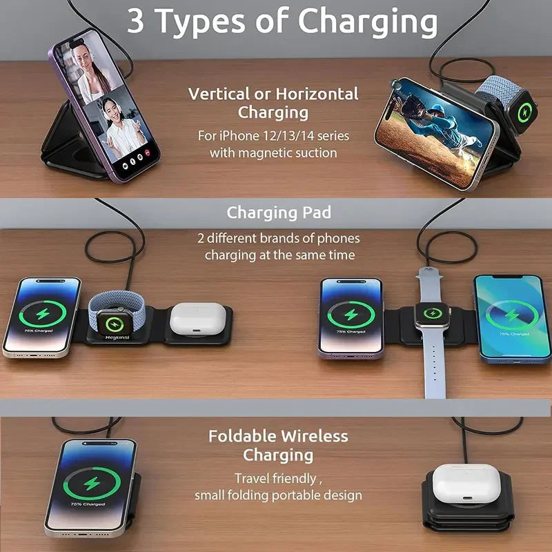Showlu Smart General 3-in-1 wireless charging station with space for phone, smartwatch, and earbuds on sleek black surface