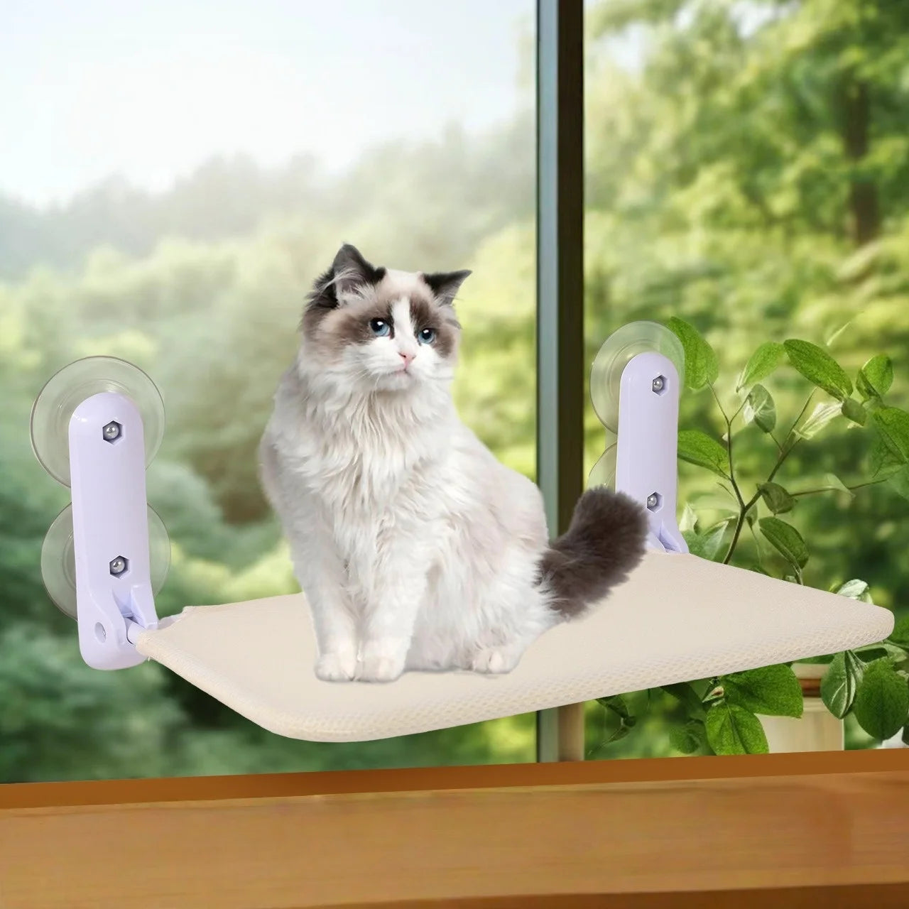 Showlu Cat Suction Cup Hammock hanging in a window, double-layer pet bed with cozy fabric, designed for comfortable window lounging.