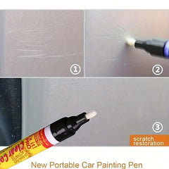 A car scratch repair pen shown in three steps applying clear coat to a vehicle surface.