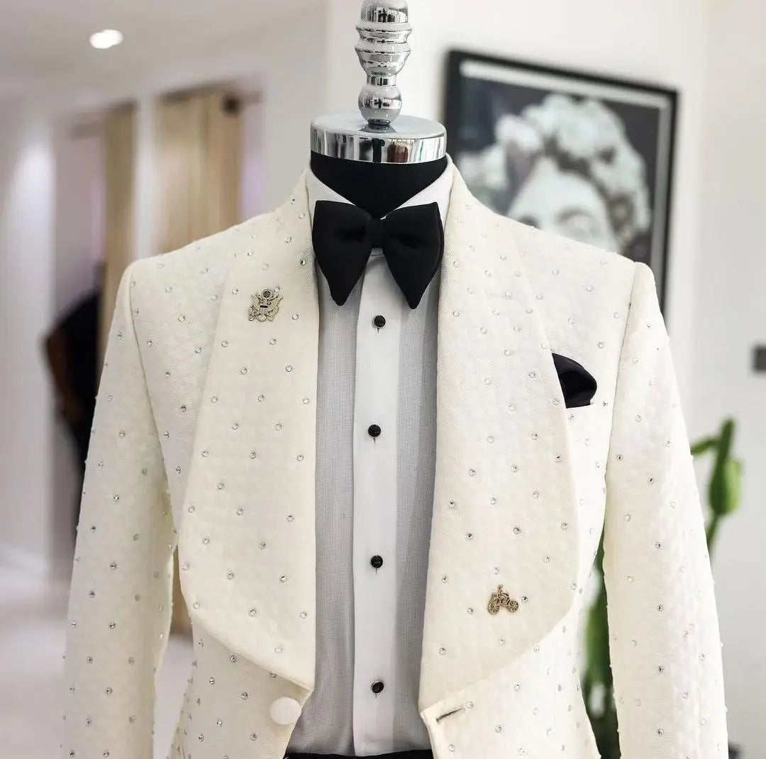 Men's Jacquard tuxedo suit with beaded wedding blazer, stylish two-piece set by SHOWLU FASHION STORE.