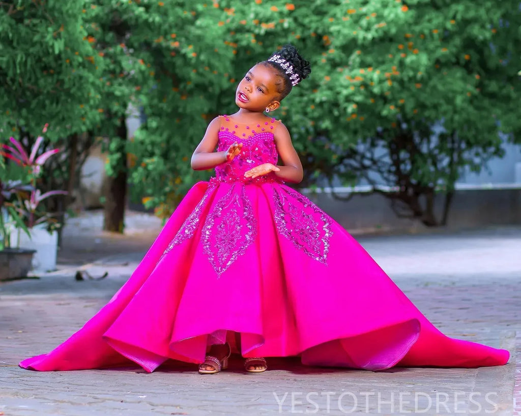 Fuchsia flower girl dress by Gdybao featuring beaded lace satin fabric, ideal for birthday parties and special occasions.