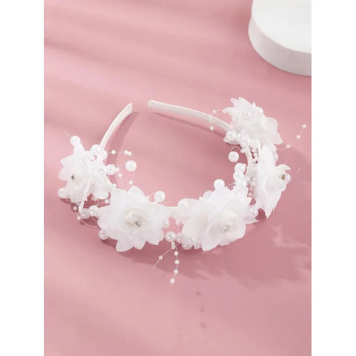 White floral flower girl headband with elegant design, perfect for wedding and bridal party hair accessories
