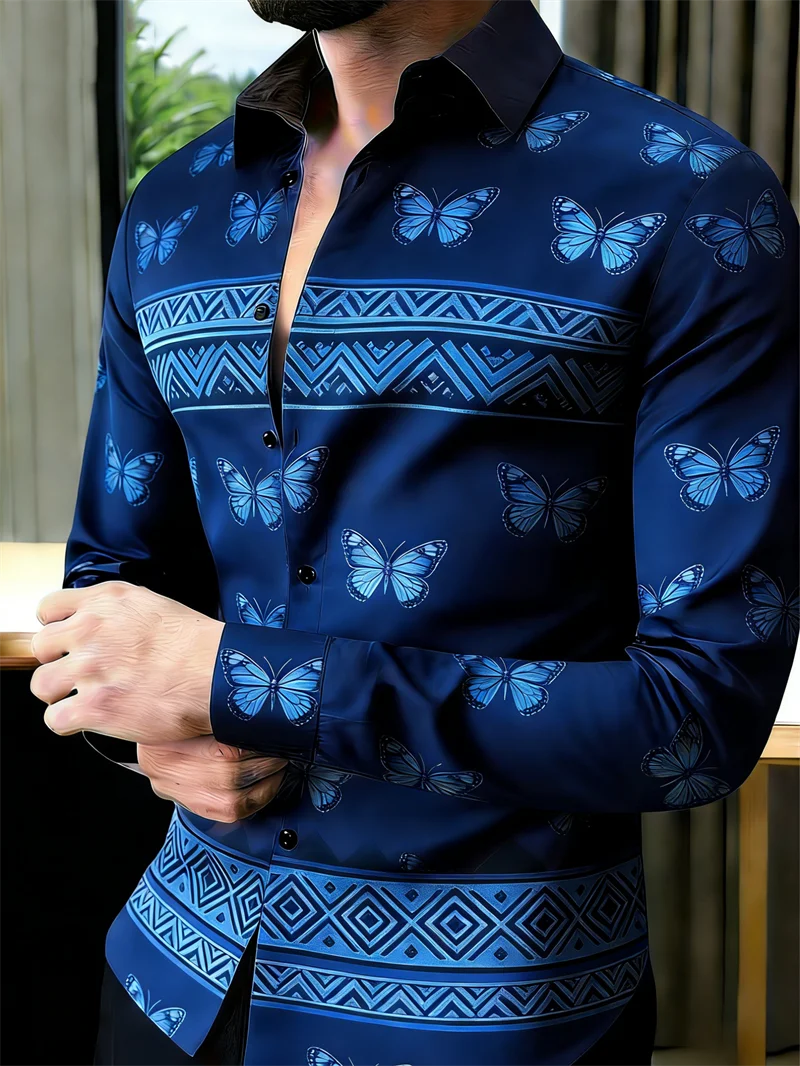 Men's long-sleeved lapel shirt with 3D printed butterfly pattern, available in 11 colors, by Showlu Fashion Store.