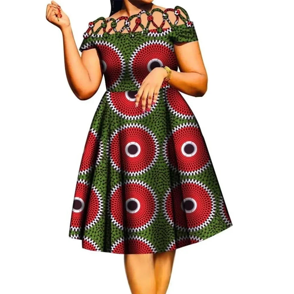 BintaRealWax African Dresses for Women Cotton Rope Weaving Collar African Print Wax Clothing Knee-Length Lady Dress WY335