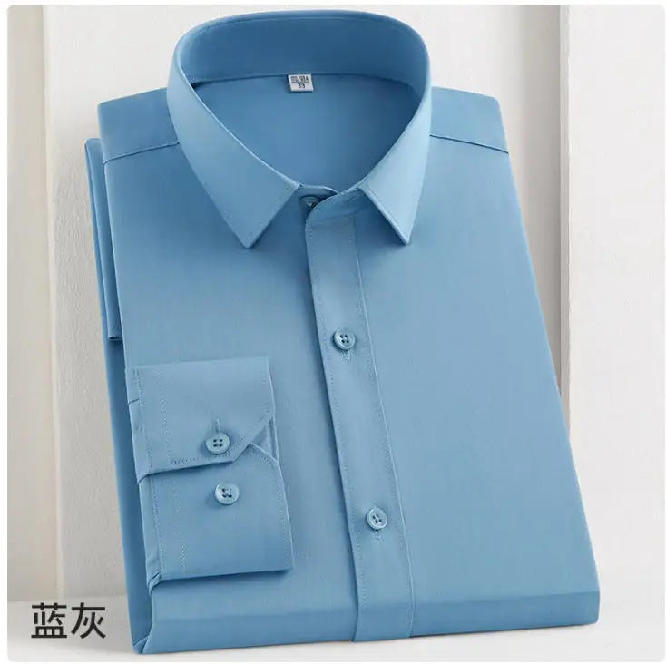 White bamboo fiber men's long sleeve dress shirt, stretch-free, soft, business formal, 8XL size, Showlu Fashion Store