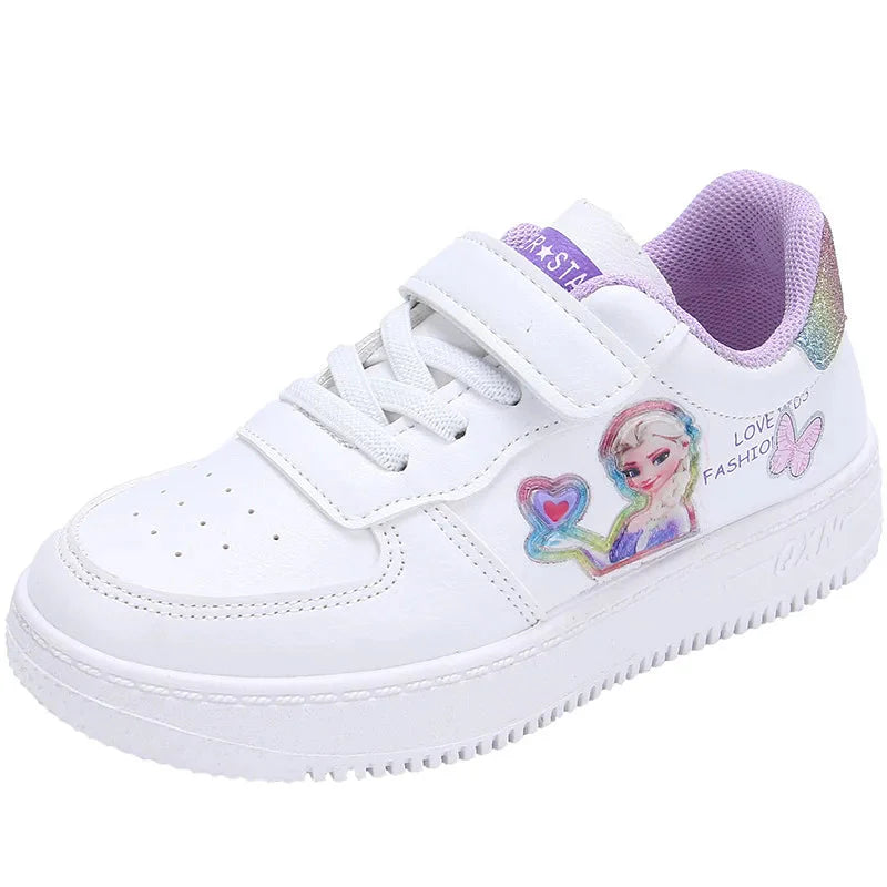Disney Princess Elsa girls' fashion sneakers with breathable PU leather, featuring sparkly details and comfortable fit.