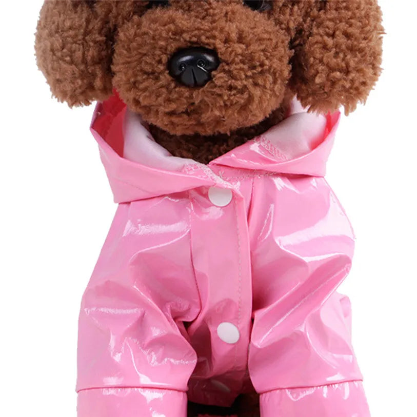 Showlu Fashion waterproof dog raincoat with hood, PU pet jacket in size S-XL, shown on a small to large dog.