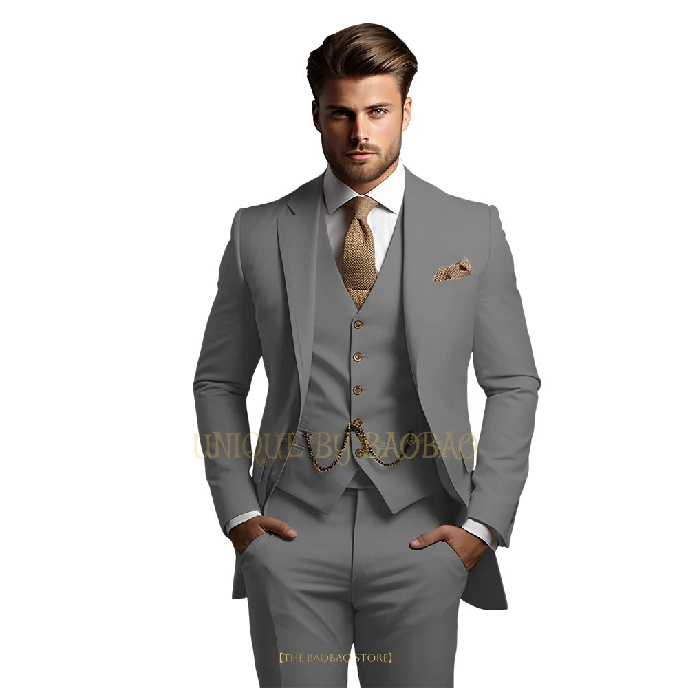 Men's grey 3-piece suit with jacket, vest, and trousers, stylish classic wedding and formal attire by Showlu Fashion Store.