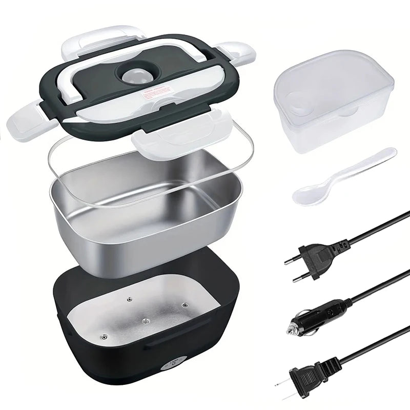 Black stainless steel 2-in-1 electric lunch box with 12V, 24V, 110V, 220V food warmer for cars, trucks, and office use.