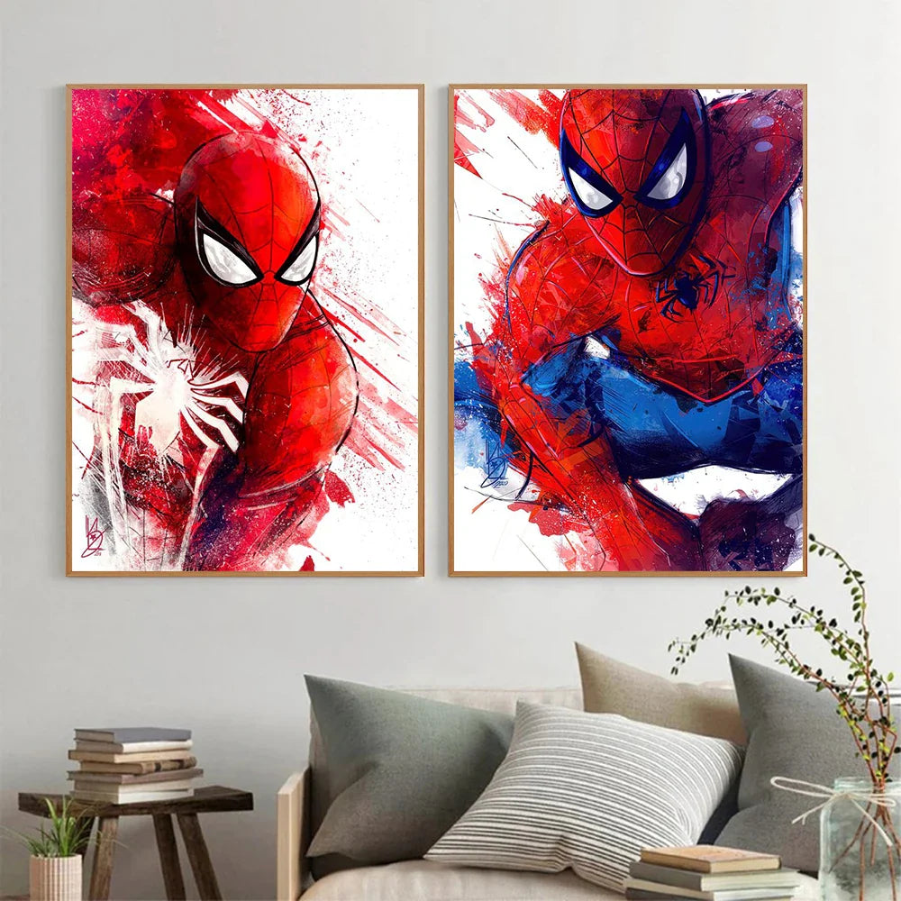 Marvel Spider-Man watercolor canvas wall art poster by MINISO, unframed, featuring vibrant Spider-Man illustration on high-quality canvas.