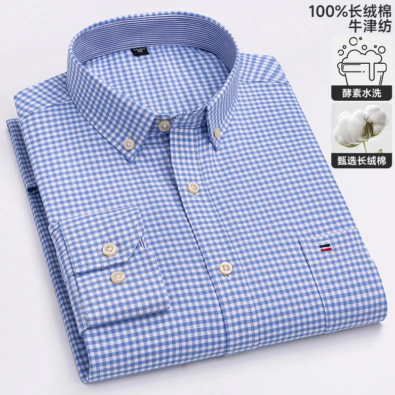Long sleeve men's plaid cotton Oxford dress shirt in 6XL or 7XL, soft and regular fit, formal social blouse by Showlu Fashion.