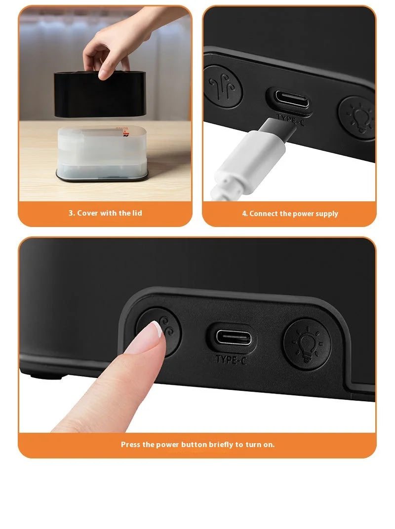 Showlu Smart General HOMEFISH Mini Aroma Humidifier emitting a gentle mist on a wooden surface.