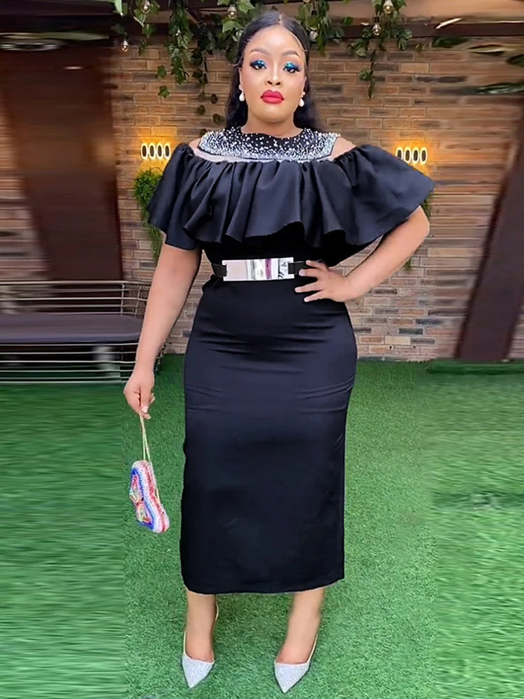 Elegant spring evening dress for women featuring ruffles, short sleeves, and a bodycon fit, ideal for parties, weddings, or proms.