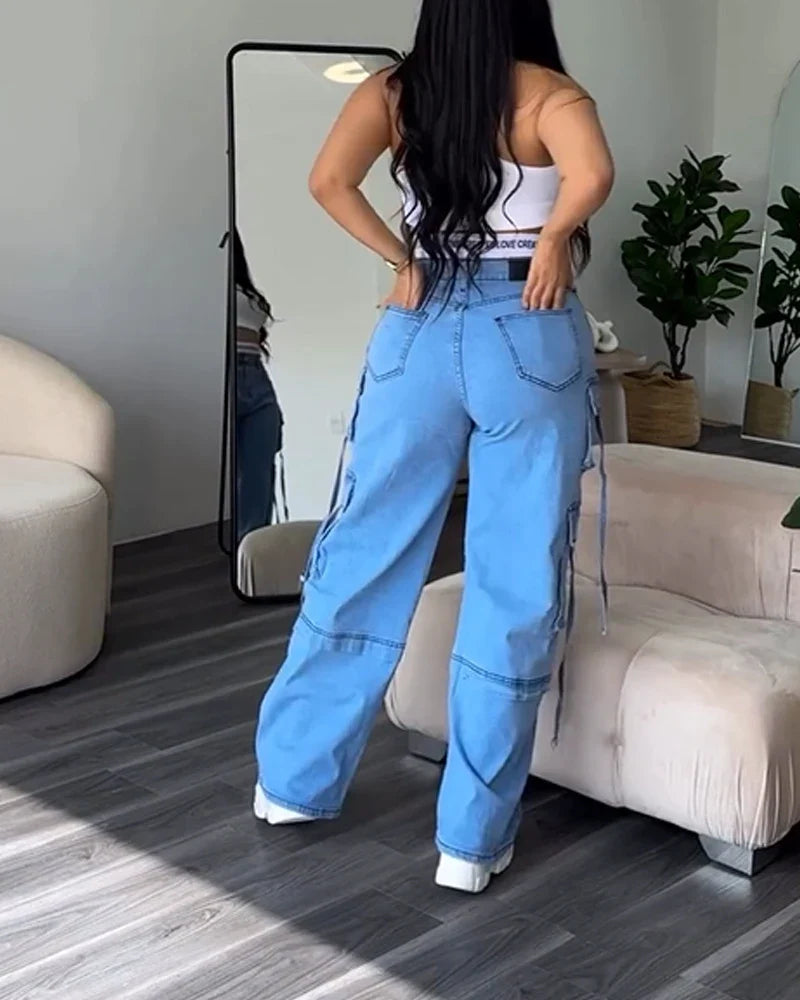 SHOWLU Women's wide-leg jeans with retro splicing design, loose streetwear trousers, casual denim fashion, stylish and comfortable fit