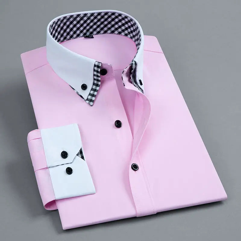 Men's white and blue long sleeve dress shirt by Showlu Fashion Store, non-iron, double layer, business formal style, regular fit.
