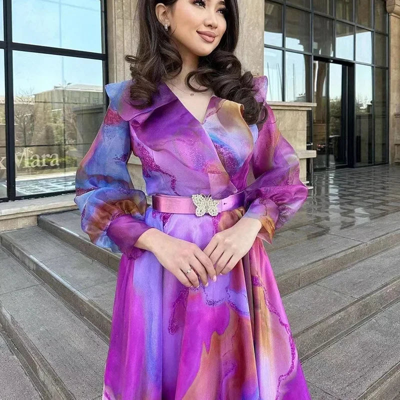 SHOWLU FASHION Women's print A-line dress with long sleeves, perfect for office wear, stylish vestidos for women.