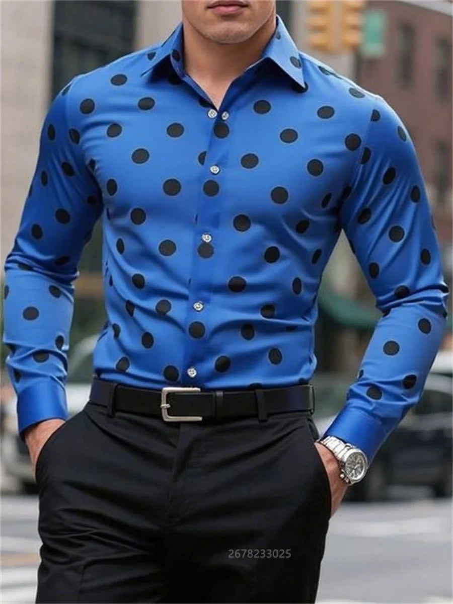 Men's long sleeve casual shirt with spotted lapel, button closure, breathable fabric, and versatile outdoor fashion style.