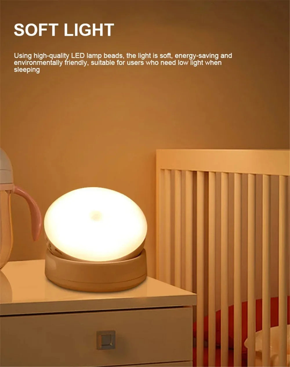 Showlu Smart General 360° Motion Sensor Night Light illuminating a dark room with adjustable brightness and motion detection.