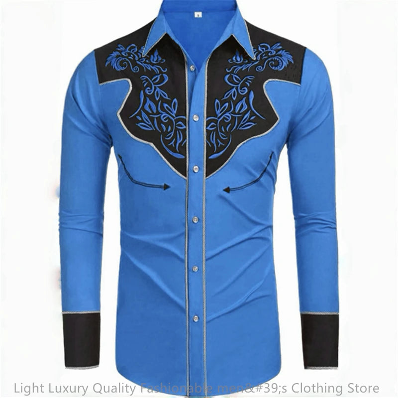 Men's long-sleeved retro western denim shirt by Showlu Fashion Store, loose fit, soft fabric, large size, casual style.