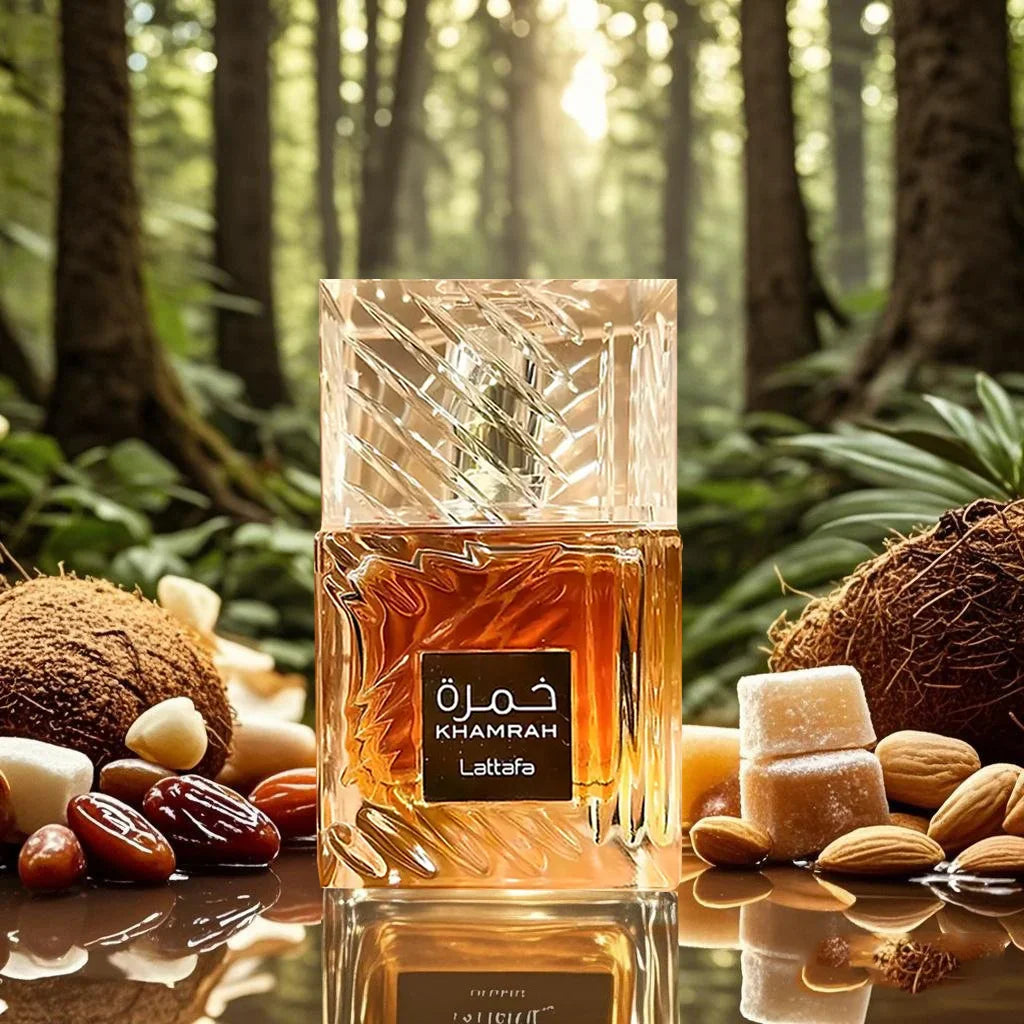 Unisex Lattafa Khamrah perfume spray with warm vanilla and cinnamon notes in a 100ml bottle.