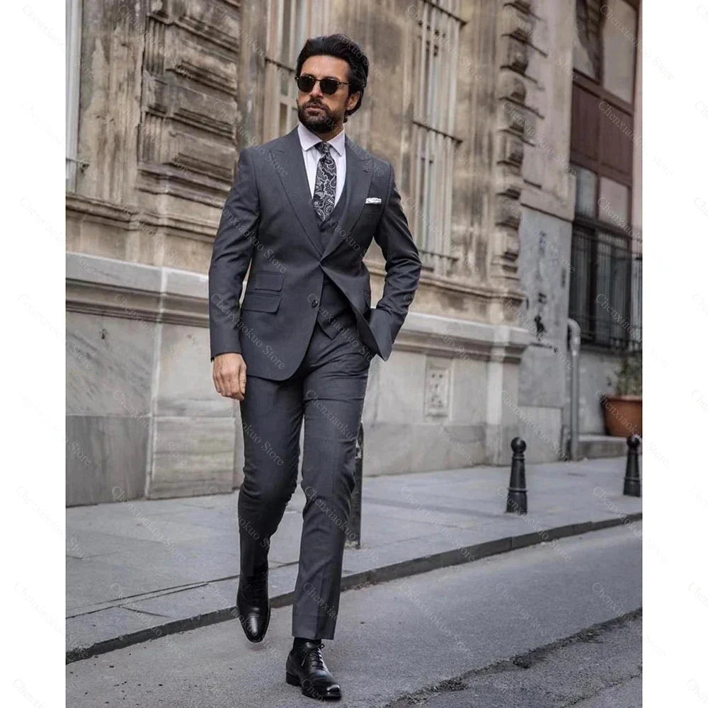 Men's grey slim fit suit with peaked lapel, 3-piece formal set, including jacket, vest, and trousers, from SHOWLU FASHION STORE.