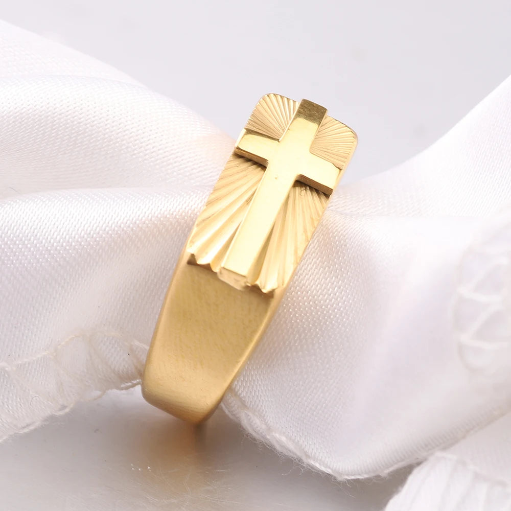 Men's stainless steel cross ring with 8mm sunburst design, religious band style, from VQYSKO by Showlu Fashion Store.