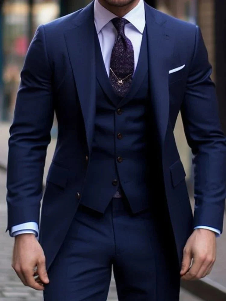 Navy blue 3-piece slim fit men's suit with notched lapel, tailored tuxedo style, designed by SHOWLU FASHION STORE