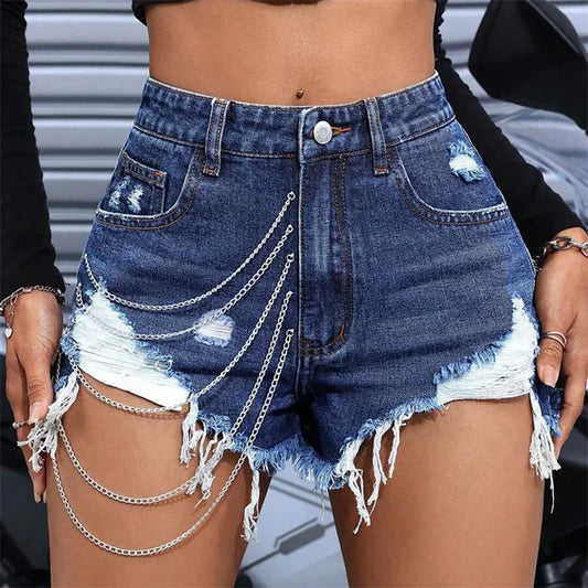 Summer 2025 Fashion: Women's Jeans Hot Girl Street Ripped Chain Shorts Low-Waisted Sexy Slimming Straight-Leg Pants