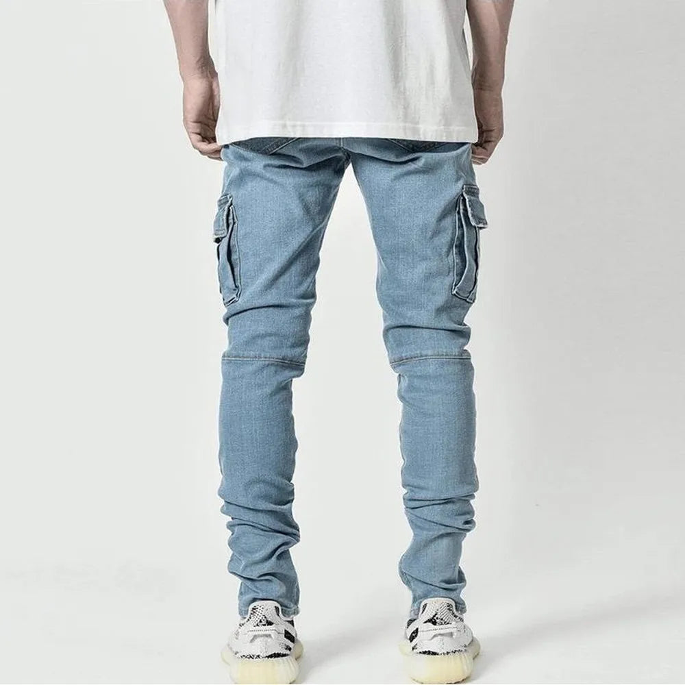 Men's street elastic denim cargo jeans by Showlu Fashion with solid color, multi pockets, slim fit, casual mid waist joggers.