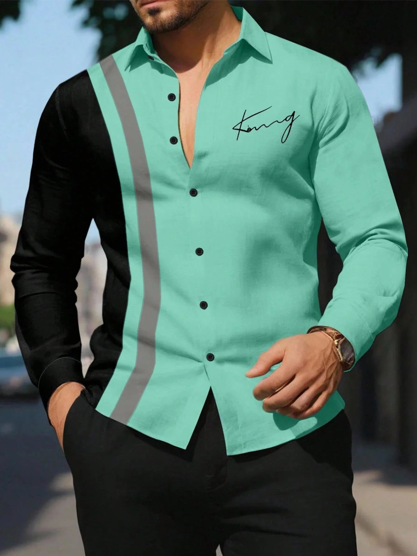 Men's patchwork striped printed long-sleeve shirt from Showlu Fashion Store, classic business casual design with lapel collar, comfortable fit.