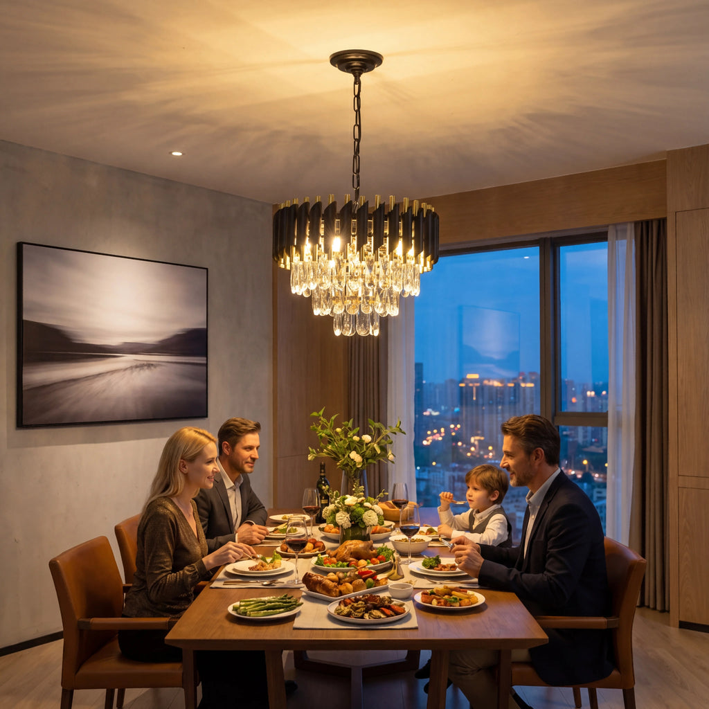 Modern black and gold crystal chandelier with LED ceiling light, featuring elegant crystal accents and a sleek contemporary design.